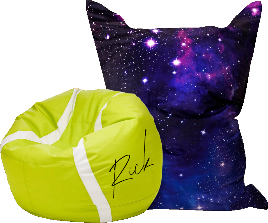 Esempio illustrativo: pouf con fantasia stellata e pouf Tennis con scritta Rick