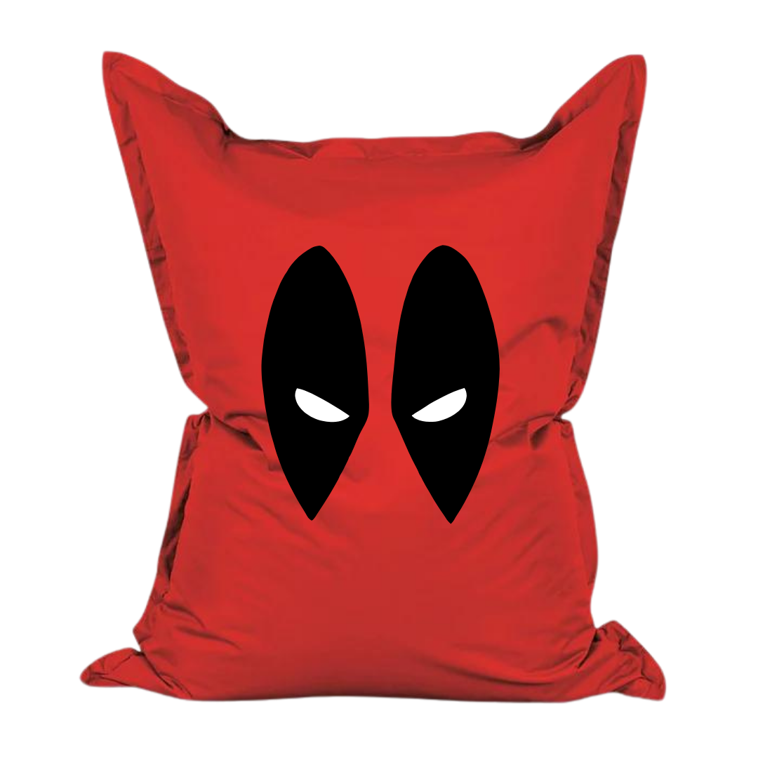 Pouf Belly Pop con design Deadpool, rosso e nero.